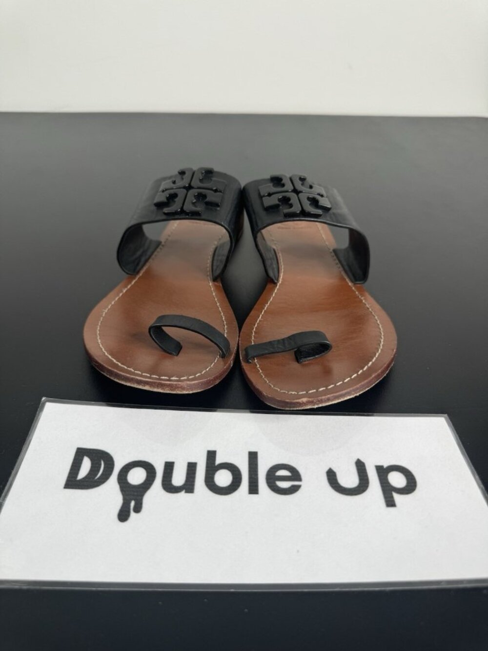 Tory Burch Lowell 2 Flat Slide Sandal Women Size 8.5 Veg Nappa Black Brown